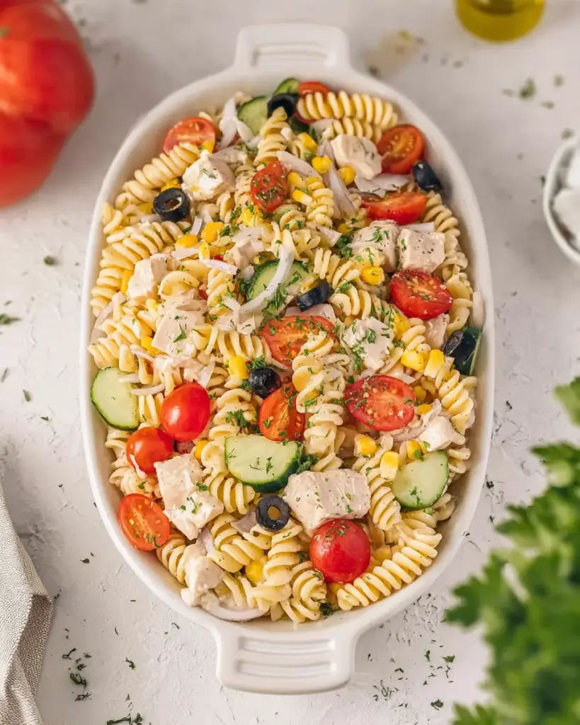 A delicious plate of High Protein Pasta Salad