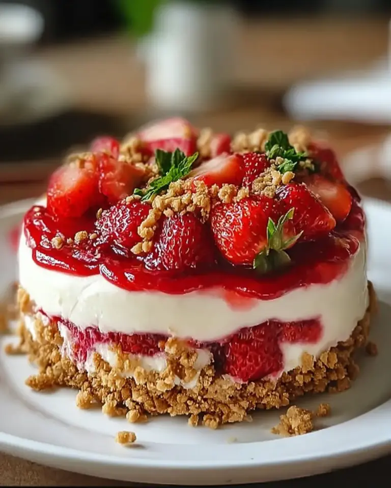 A delicious plate of Indulgent No-Bake Strawberry Crunch Cheesecake Delight