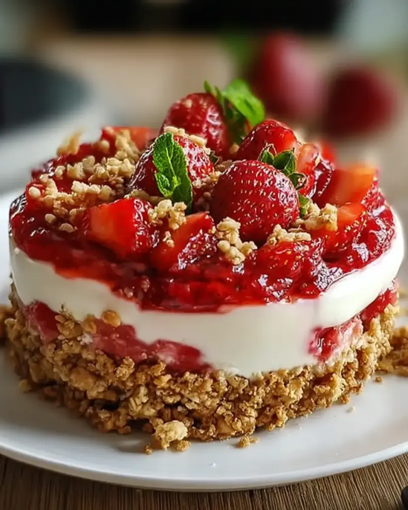 A delicious plate of Indulgent No-Bake Strawberry Crunch Cheesecake Delight