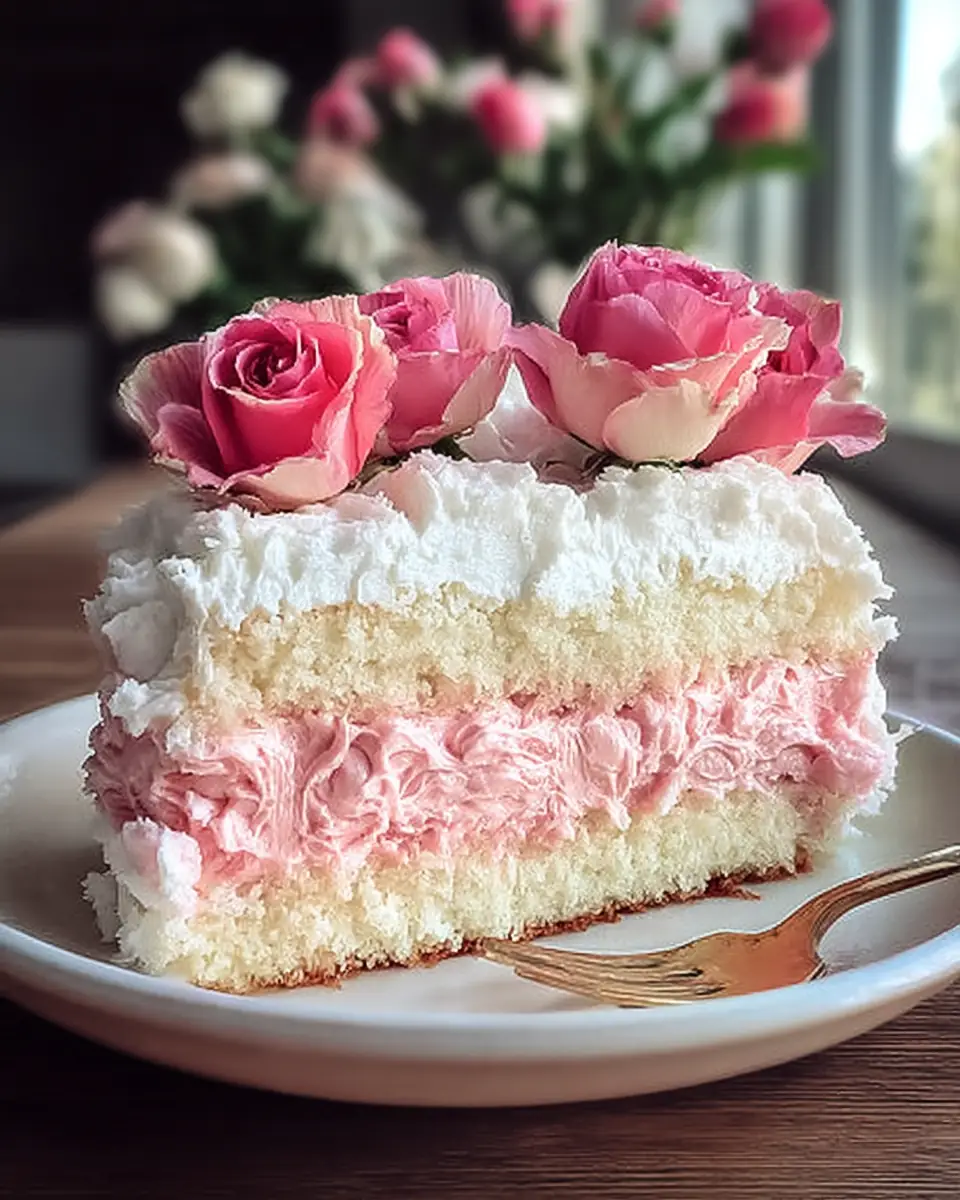 A delicious plate of Irresistibly Moist Rose Poke Cake for Romantic Desserts