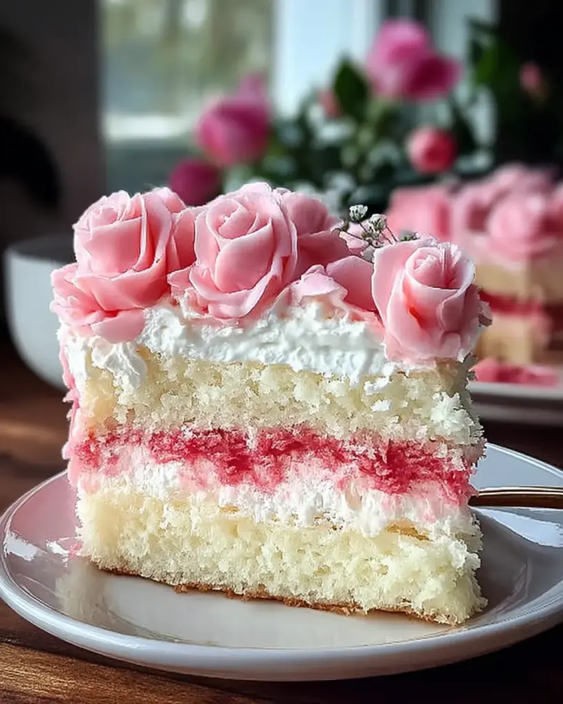 A delicious plate of Irresistibly Moist Rose Poke Cake for Romantic Desserts