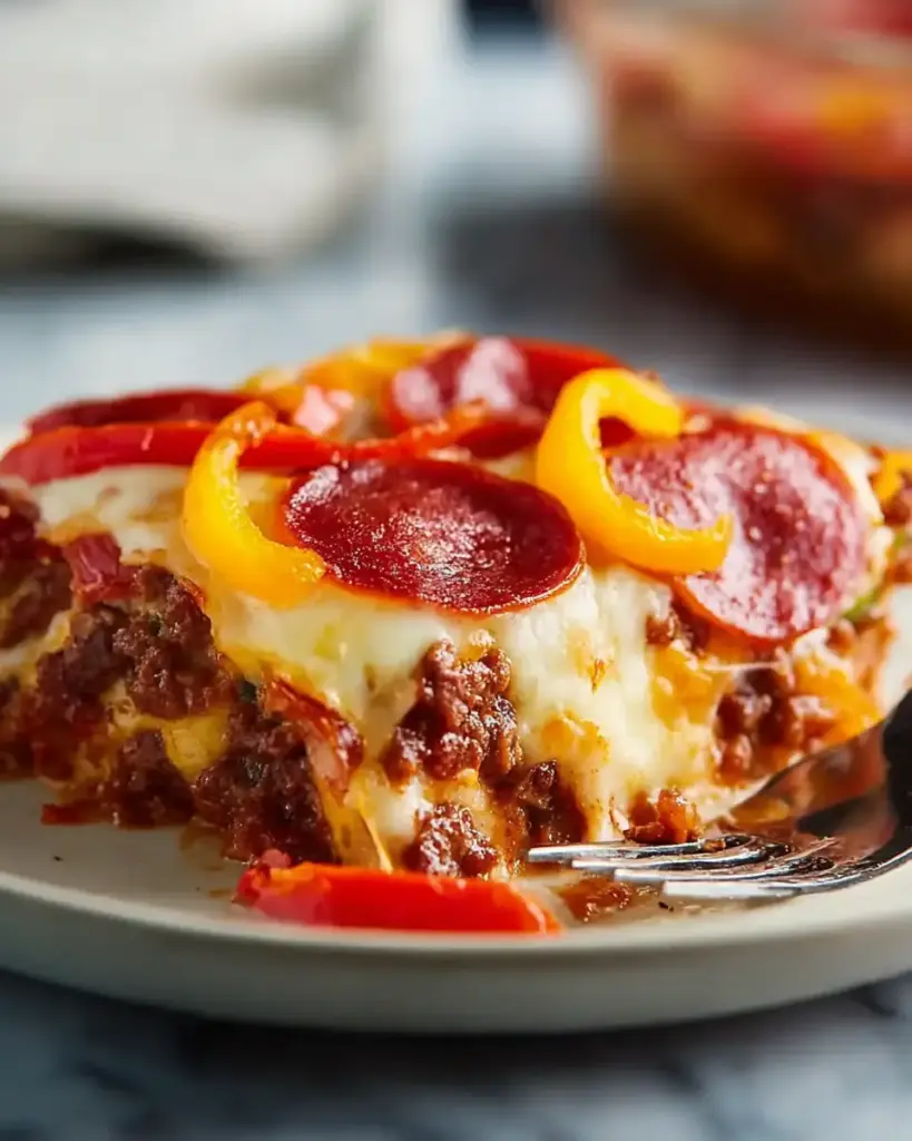 A delicious plate of Low Carb Pizza Casserole (Easy, Cheesy & Family-Approved)