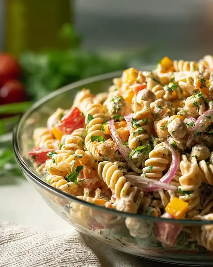 A delicious plate of Mediterranean High Protein Vegan Pasta Salad