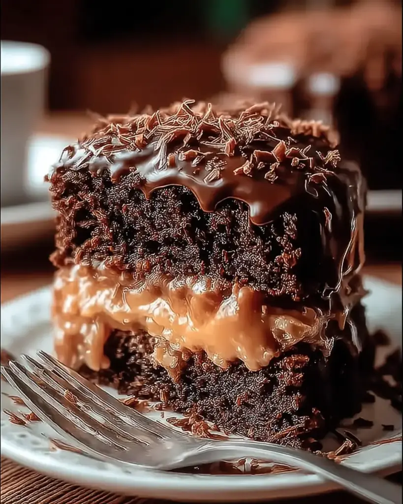 A delicious plate of Melt-In-Your-Mouth German Chocolate Cake for Celebrations