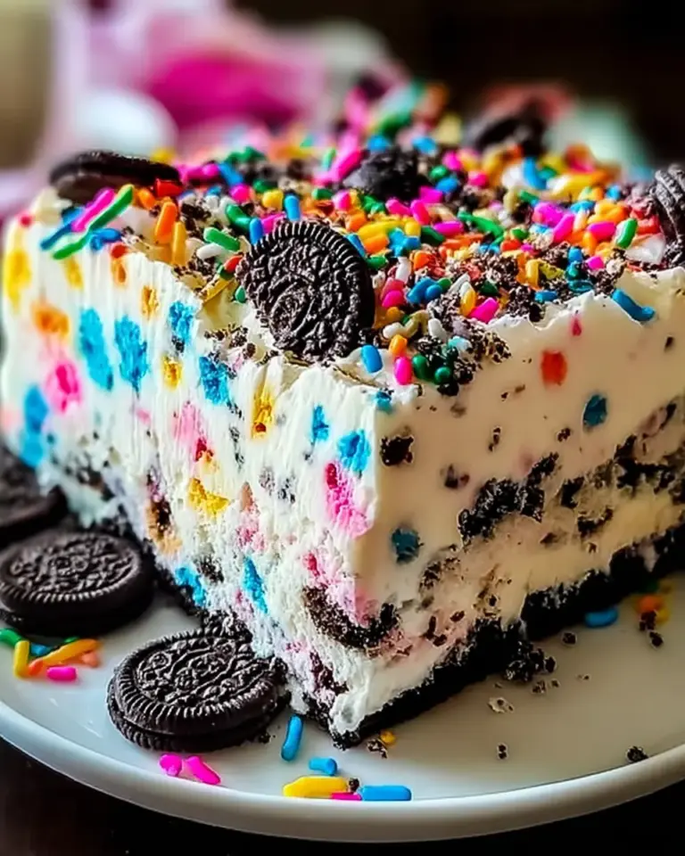 A delicious plate of No-Bake Funfetti Oreo Icebox Cake