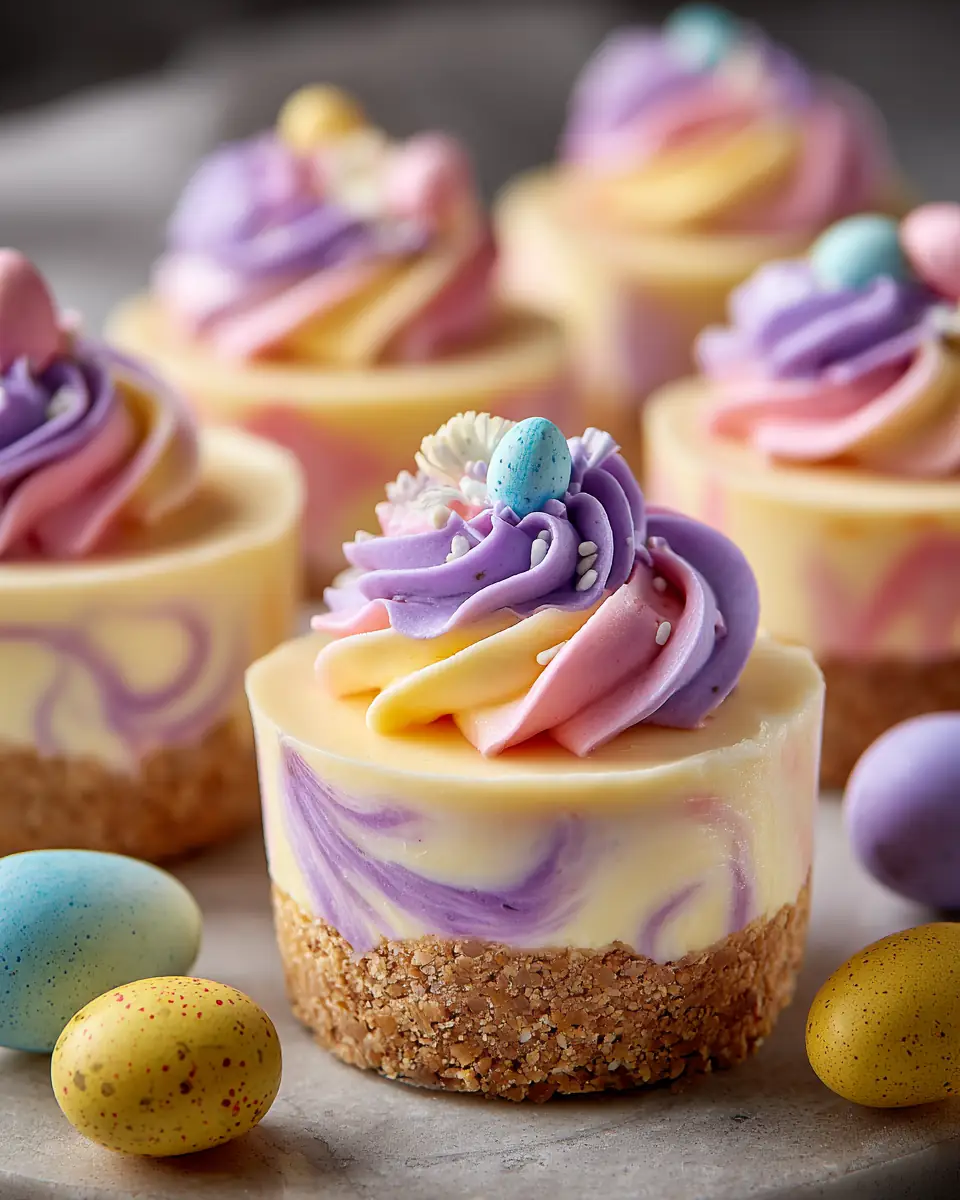 A delicious plate of No-Bake Mini Easter Cheesecakes : Pastel Swirl Spring Dessert