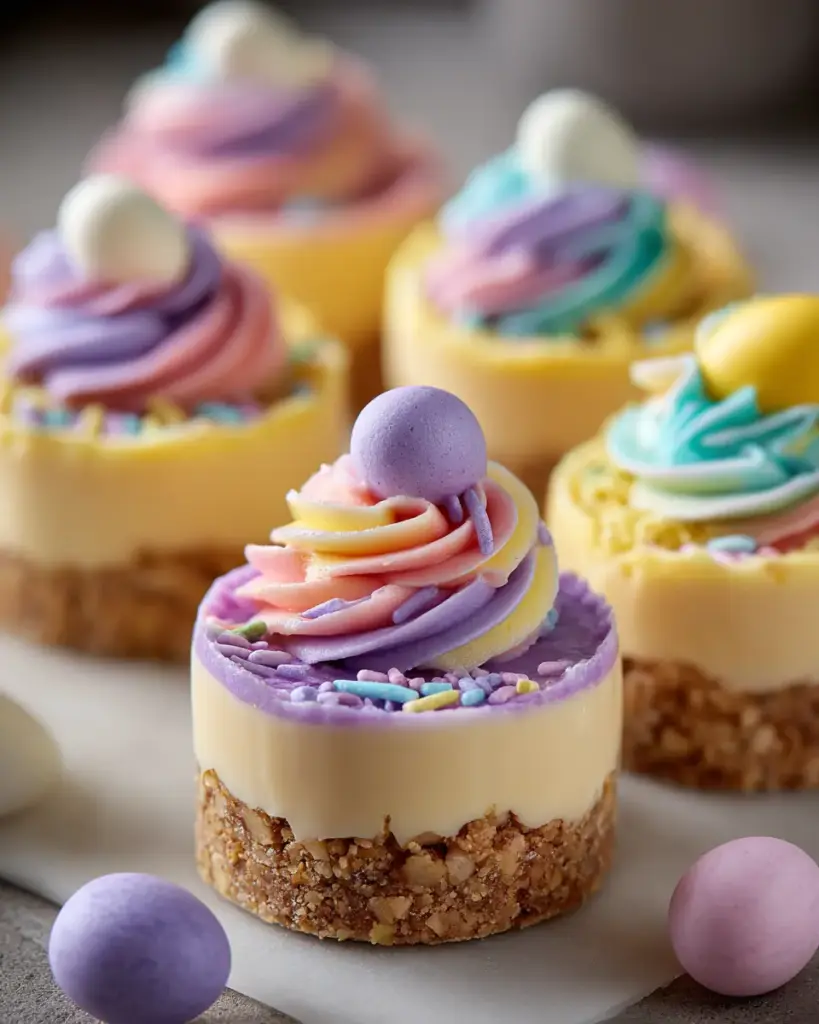A delicious plate of No-Bake Mini Easter Cheesecakes : Pastel Swirl Spring Dessert