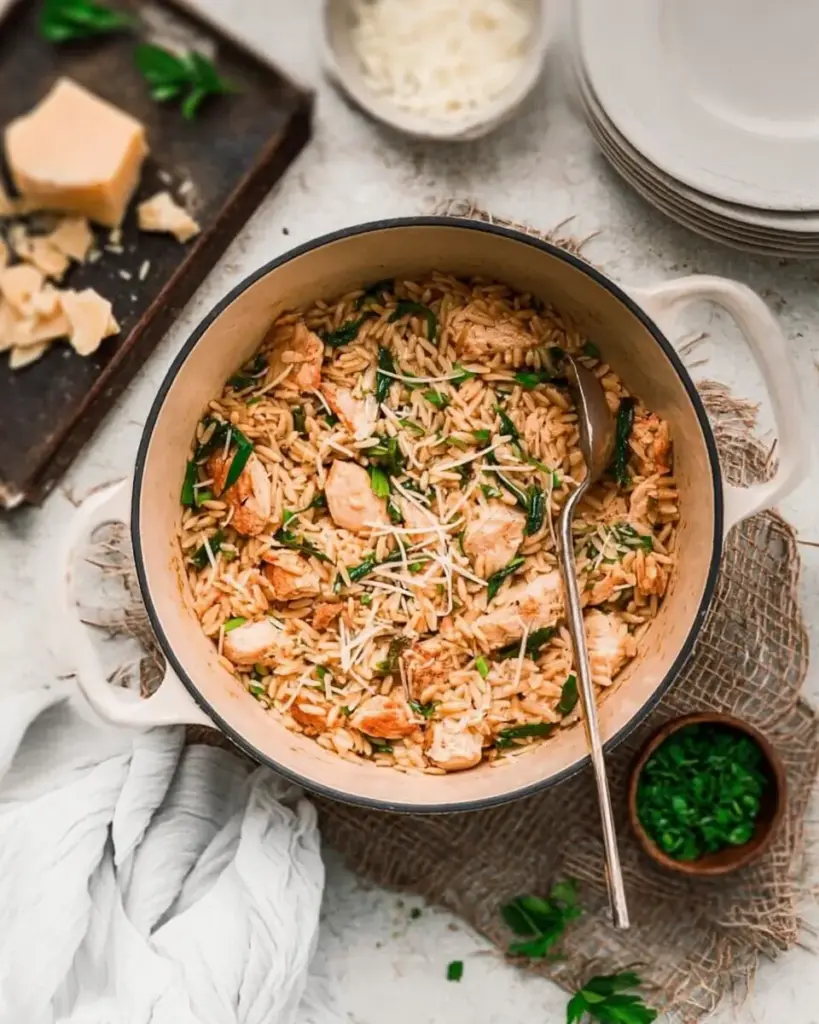 A delicious plate of One Pot Chicken Orzo