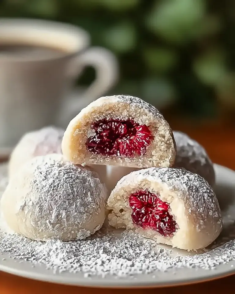 A delicious plate of Raspberry Filled Almond Snowball Cookies
