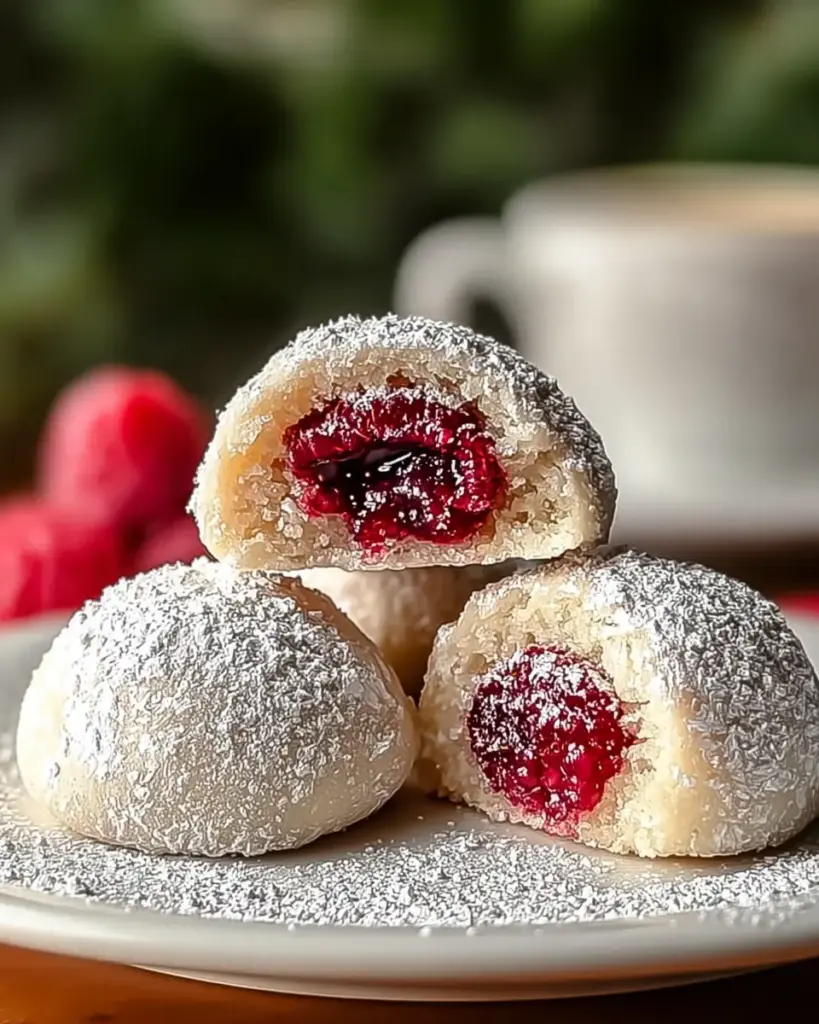 A delicious plate of Raspberry Filled Almond Snowball Cookies