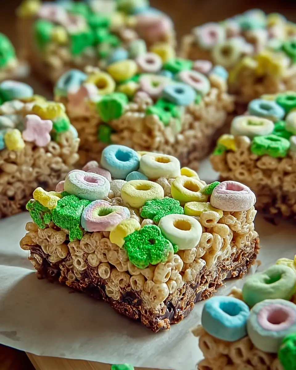 A delicious plate of St. Patrick’s Day Lucky Charms Krispie Treats with Fudge Brownies