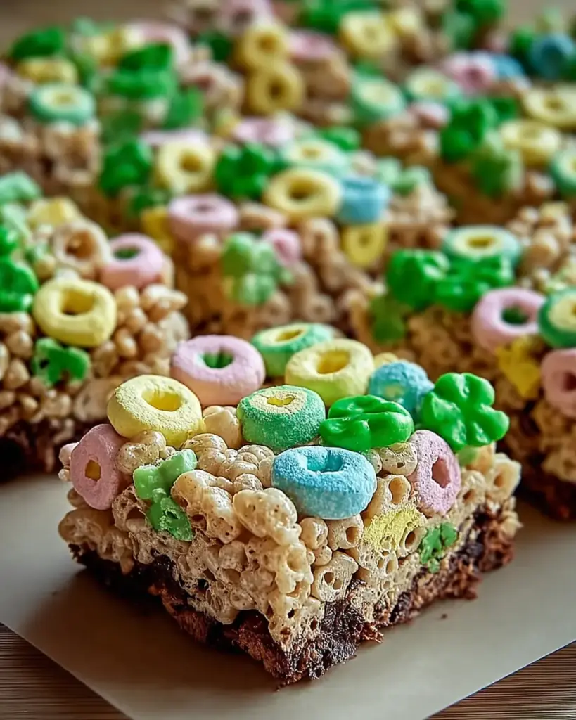 A delicious plate of St. Patrick’s Day Lucky Charms Krispie Treats with Fudge Brownies