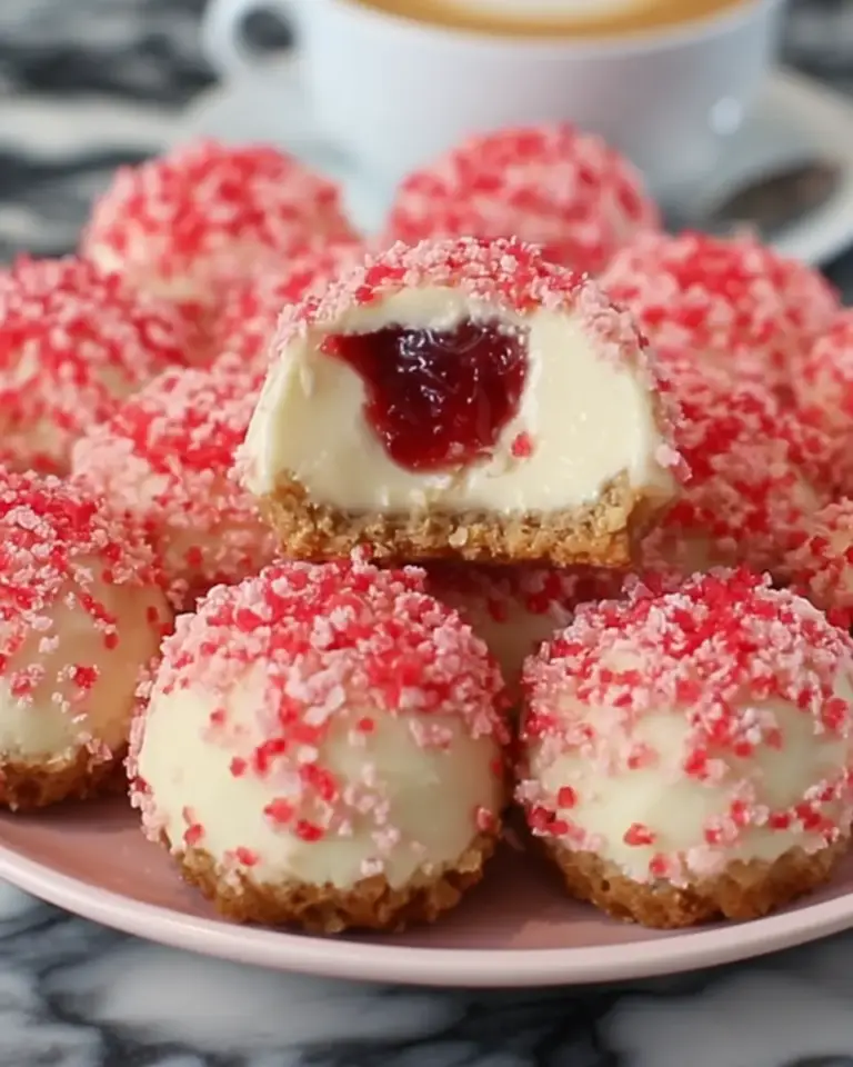 A delicious plate of Strawberry Crunch Cheesecake Bites