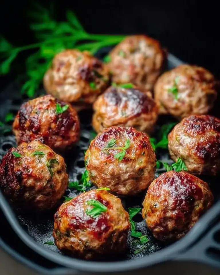 A delicious plate of Air Fryer Juicy Garlic Herb Meatballs