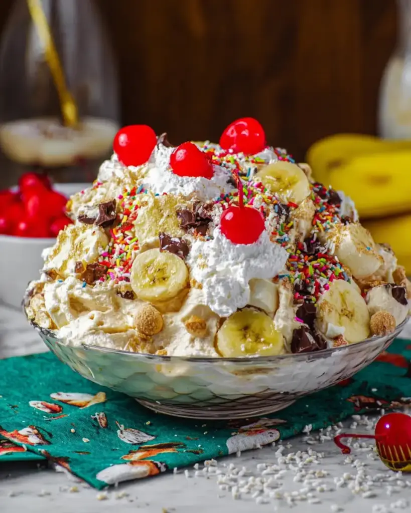 A delicious plate of Banana Split Fluff Recipe
