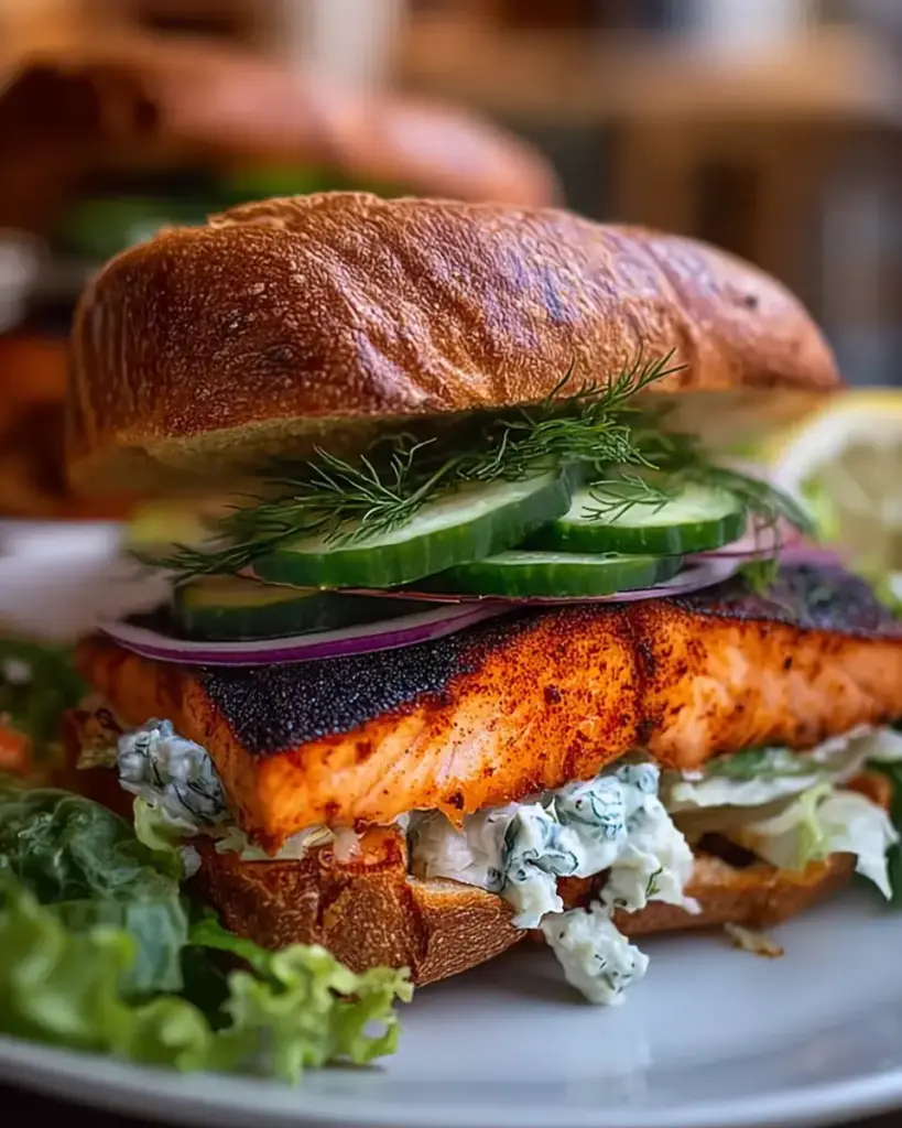 A delicious plate of Blackened Salmon Sandwich