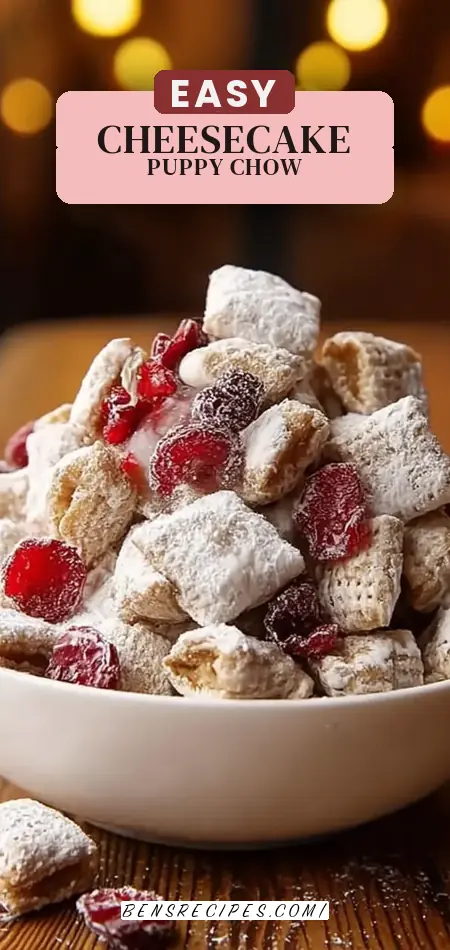 Pinterest pin (Design 2) for Cherry Cheesecake Puppy Chow Recipe