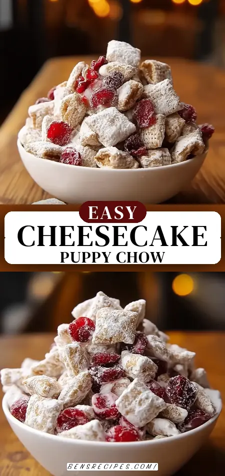 Pinterest pin (Design 3) for Cherry Cheesecake Puppy Chow Recipe
