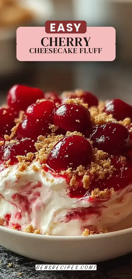 Pinterest pin (Design 2) for Easy No Bake Cherry Cheesecake Fluff Dessert Recipe
