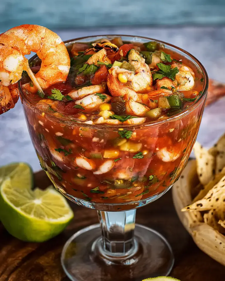 A delicious plate of Campechana, Grilled Mexican Shrimp Cocktail