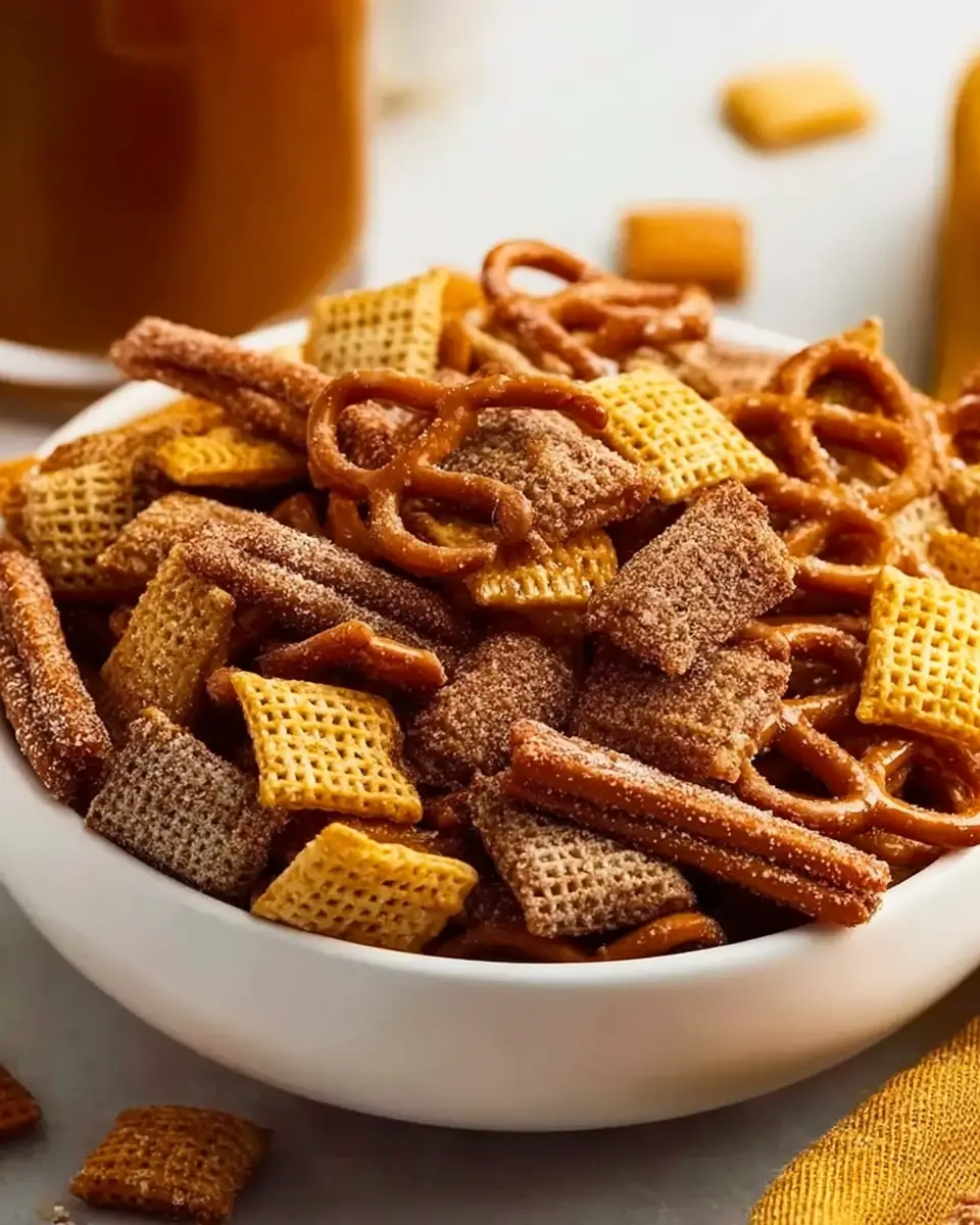 A delicious plate of Caramel Churro Chex Mix