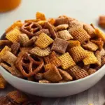 A delicious plate of Caramel Churro Chex Mix