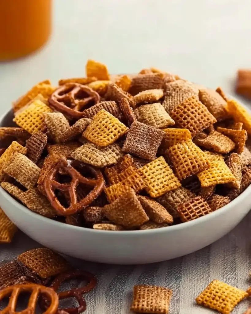 A delicious plate of Caramel Churro Chex Mix