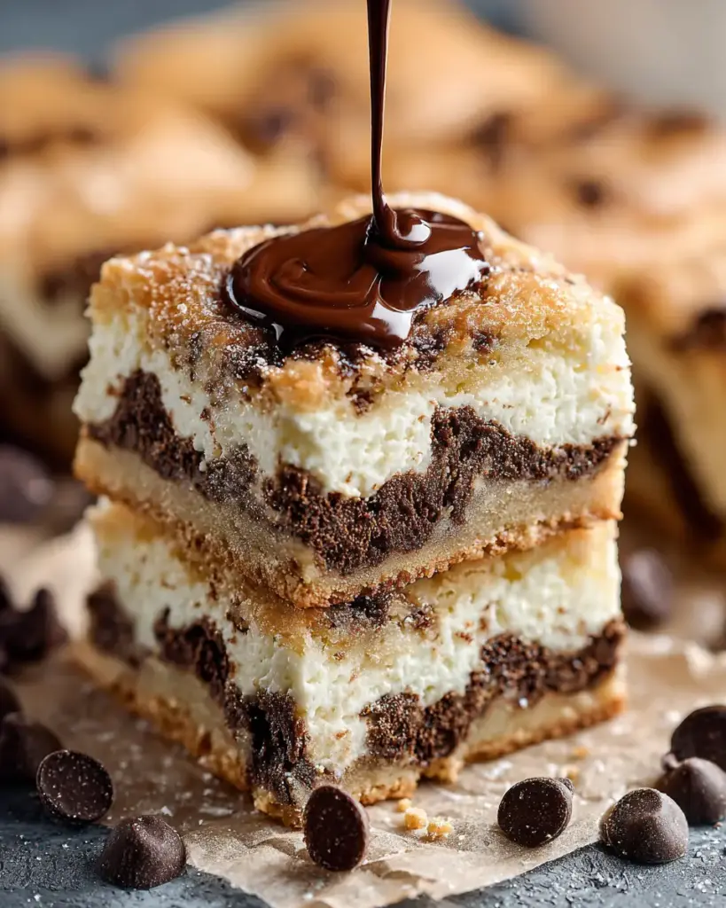 A delicious plate of Chocolate Chip Cheesecake Bars