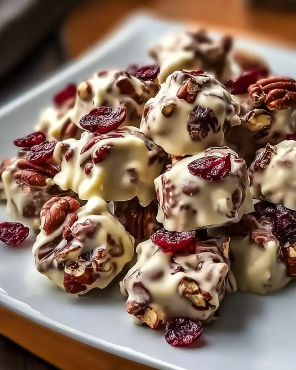 A delicious plate of Chocolate Cranberry Pecan Clusters