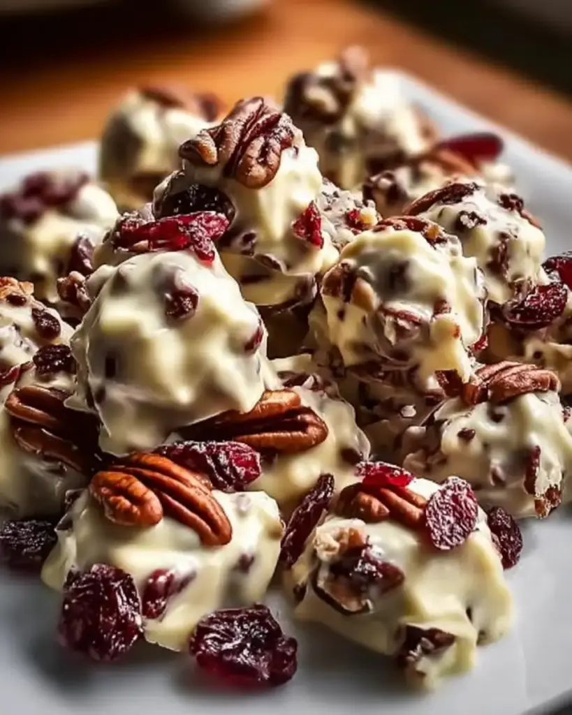 A delicious plate of Chocolate Cranberry Pecan Clusters