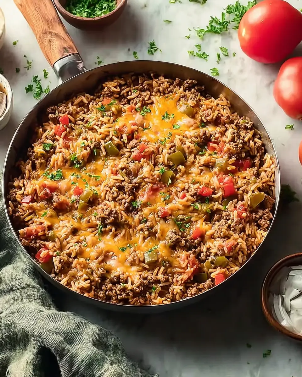 A delicious plate of Classic Ground Beef and Rice Skillet - Homefoodkitchen