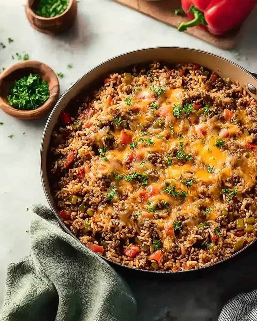 A delicious plate of Classic Ground Beef and Rice Skillet - Homefoodkitchen