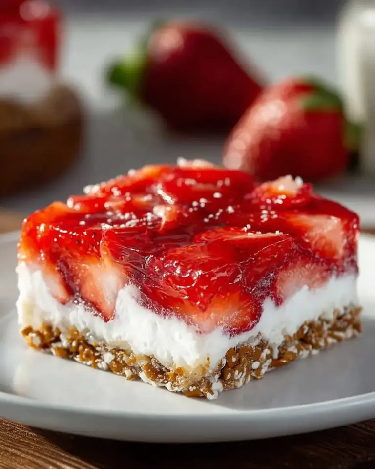 A delicious plate of Classic Strawberry Pretzel Salad