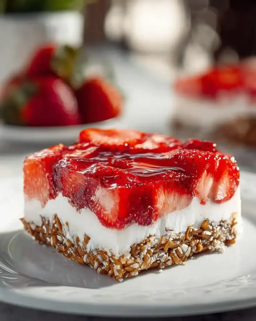 A delicious plate of Classic Strawberry Pretzel Salad