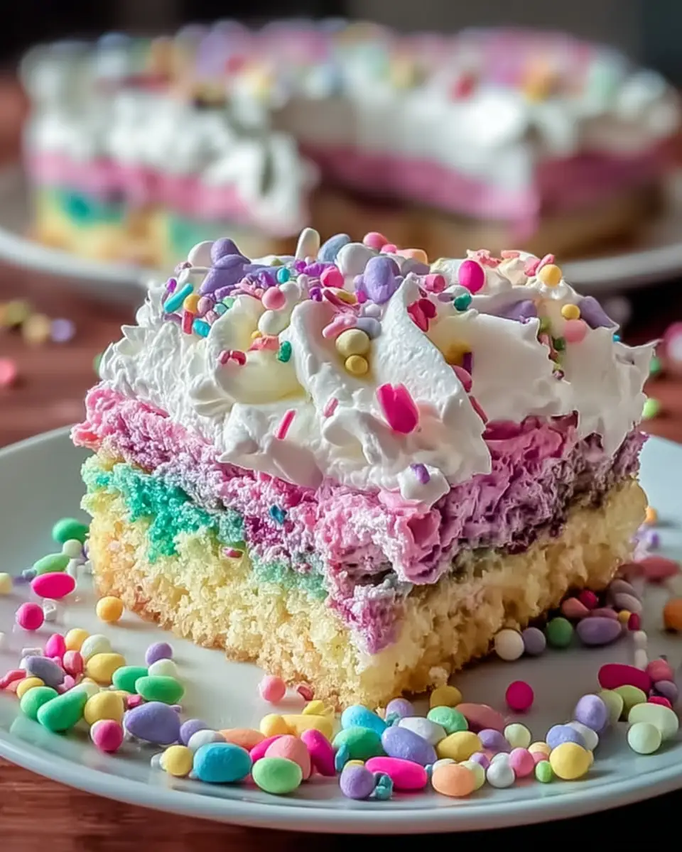 A delicious plate of Colorful Easter Poke Cake That Will Wow Your Guests