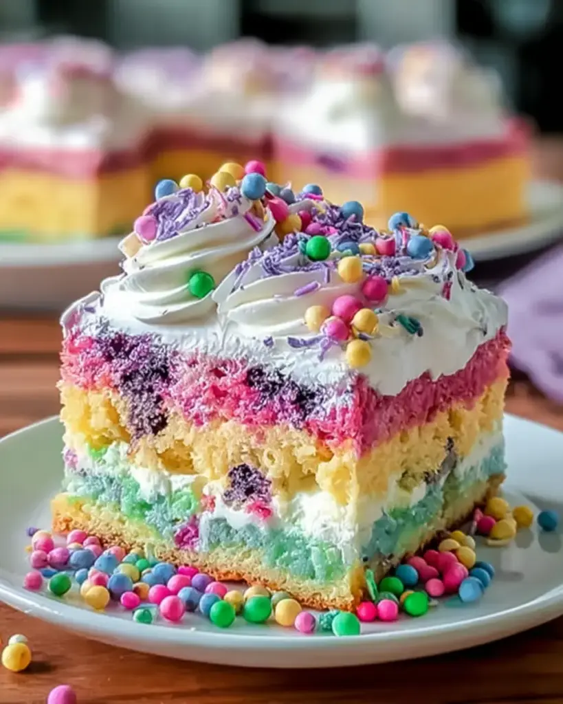 A delicious plate of Colorful Easter Poke Cake That Will Wow Your Guests
