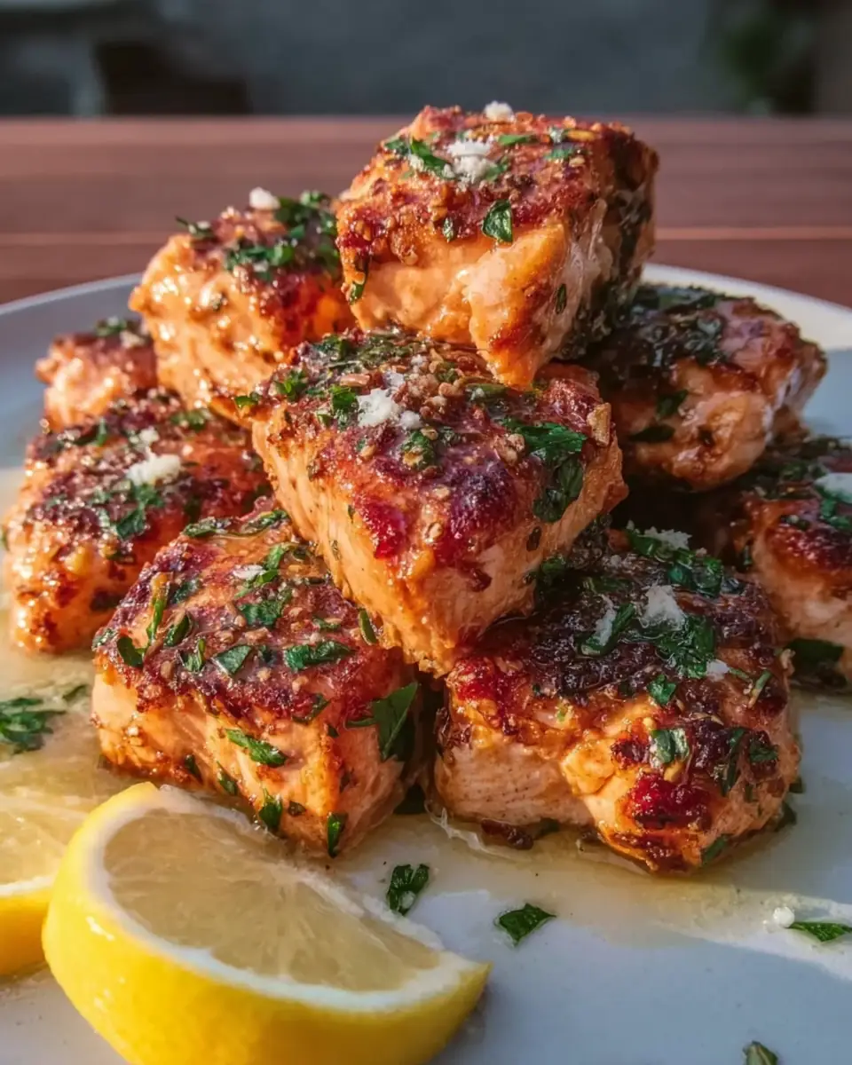 A delicious plate of Crispy Air Fryer Salmon Bites Recipe Perfect for Garlic Lemon Butter Lovers