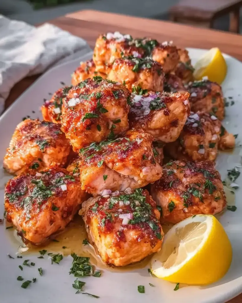 A delicious plate of Crispy Air Fryer Salmon Bites Recipe Perfect for Garlic Lemon Butter Lovers