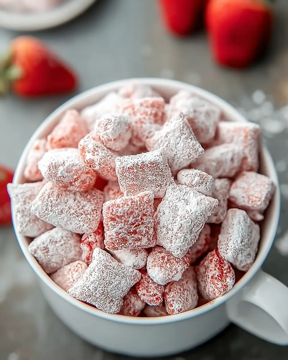 A delicious plate of Delicious Strawberry Shortcake Puppy Chow: No-Bake Bliss!
