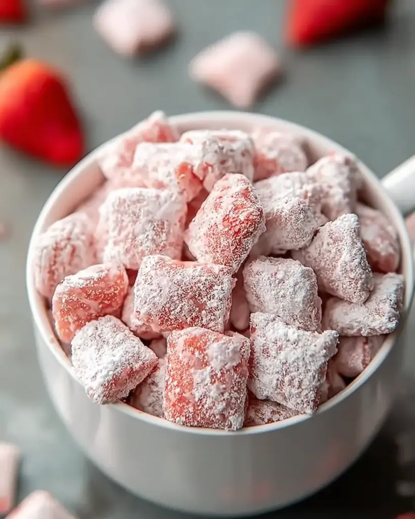 A delicious plate of Delicious Strawberry Shortcake Puppy Chow: No-Bake Bliss!