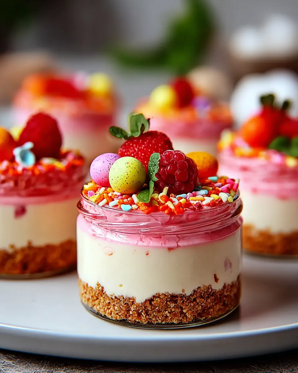 A delicious plate of Easter No-Bake Cheesecake Jars