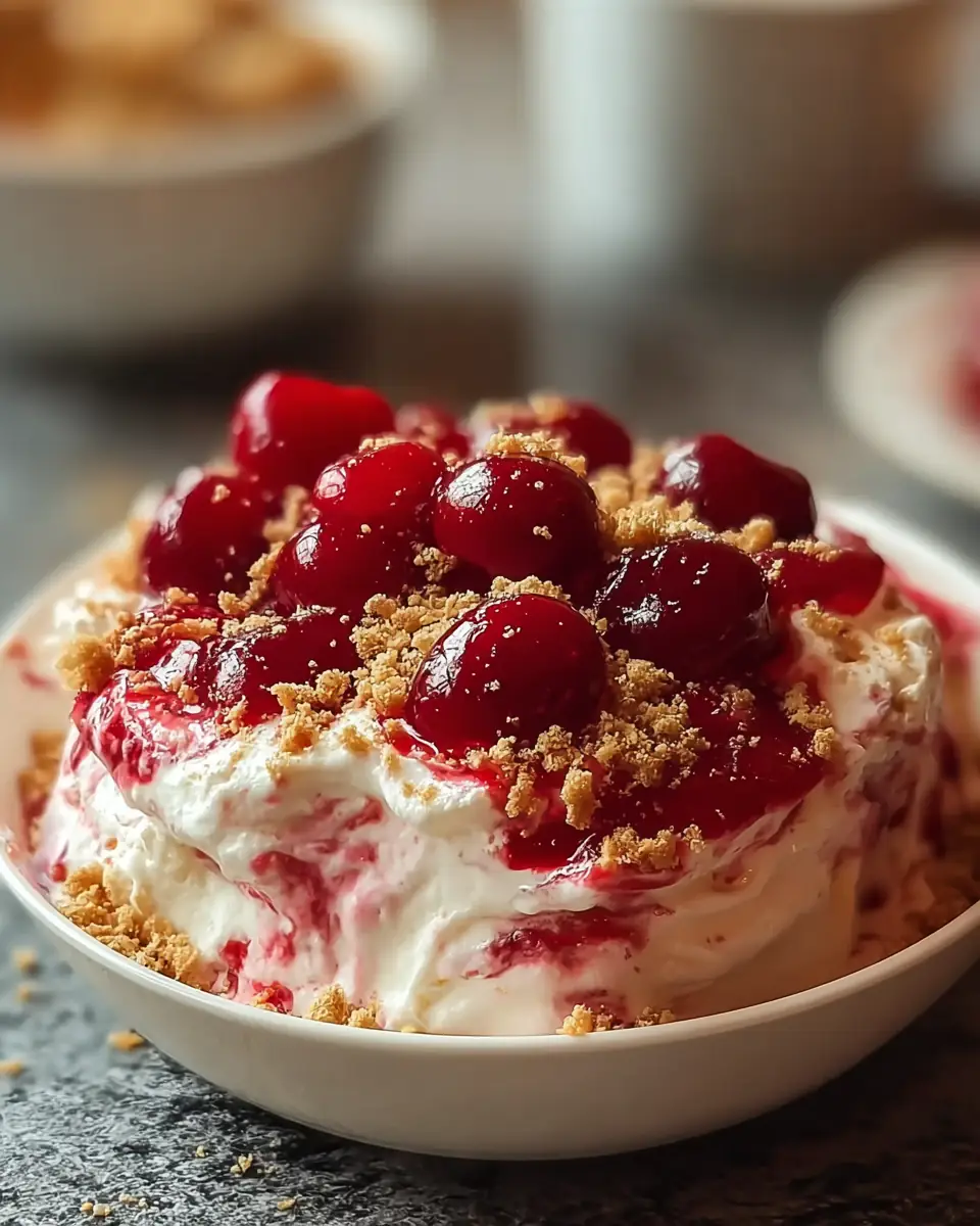 A delicious plate of Easy No Bake Cherry Cheesecake Fluff Dessert Recipe