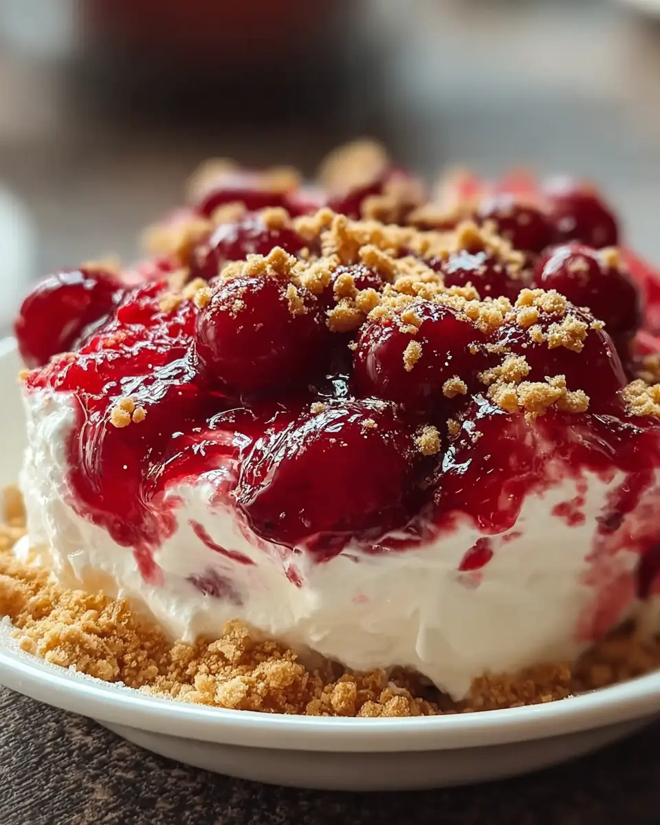 A delicious plate of Easy No Bake Cherry Cheesecake Fluff Dessert Recipe