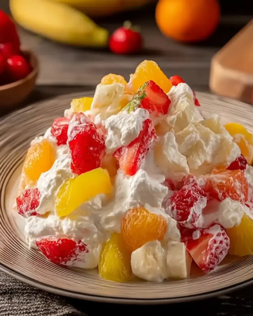 A delicious plate of Foolproof Fruit Fluff Salad: No Soupy Mess