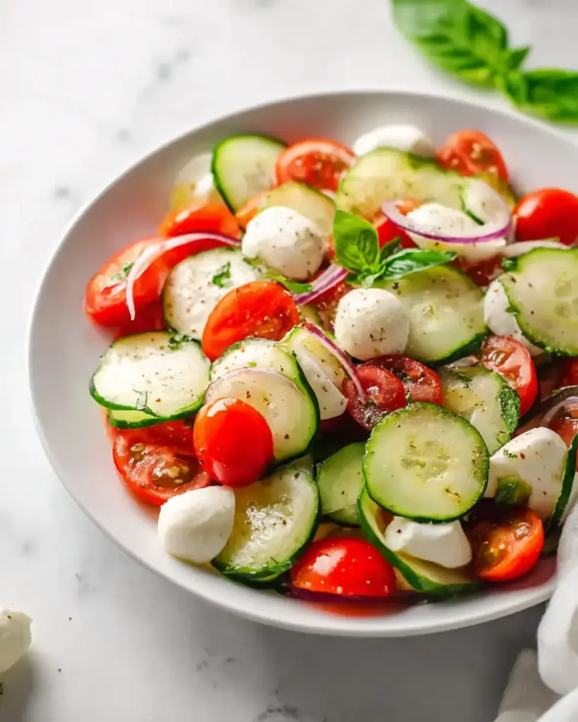 A delicious plate of Fresh Cucumber Caprese Salad