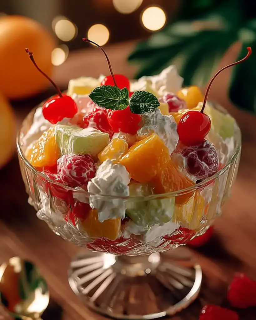 A delicious plate of Fruit Cocktail Ambrosia Salad