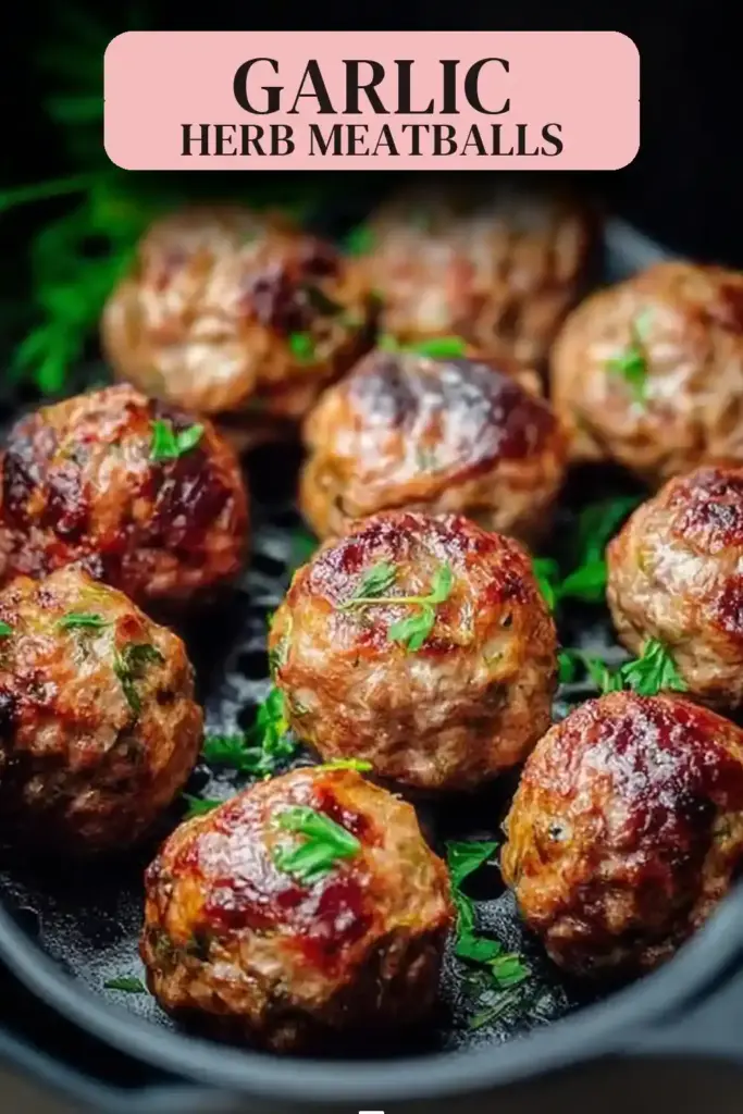 Pinterest pin (Design 2) for Air Fryer Juicy Garlic Herb Meatballs