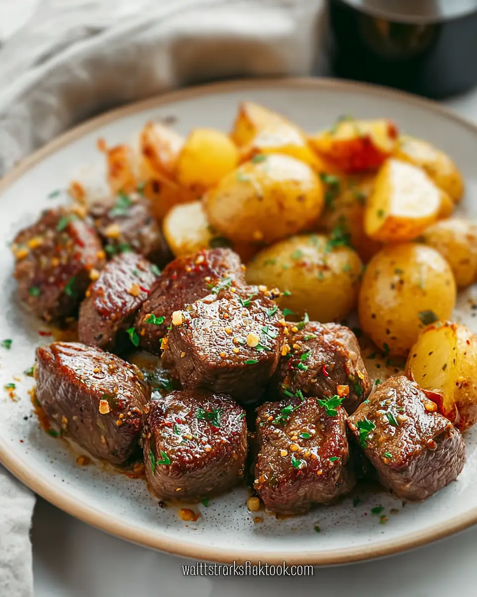 A delicious plate of Garlic Steak Bites and Potatoes