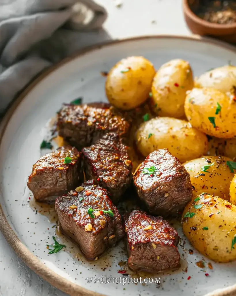 A delicious plate of Garlic Steak Bites and Potatoes