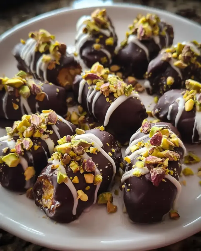 A delicious plate of Gourmet Chocolate-Covered Date Desserts with Pistachio Cardamom Twist